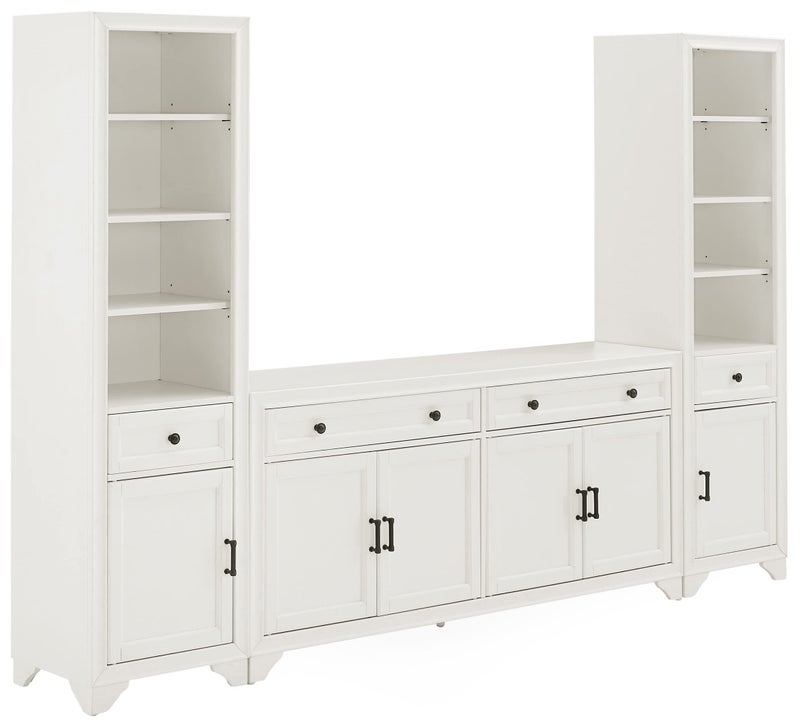 Crosley Furniture Crosley Furniture Tara 3Piece Modern Farmhouse Sideboard Buffet Cabinet and Bookcase Set with Storage Distressed White 
