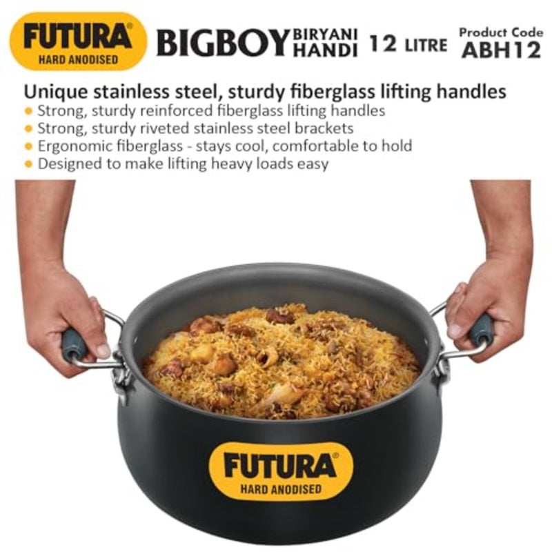 Aluminium Futura 12 Litre Biryani Handi for cooking and serving, polished hard anodised material, black colour, durable non-reactive surface - Image 3