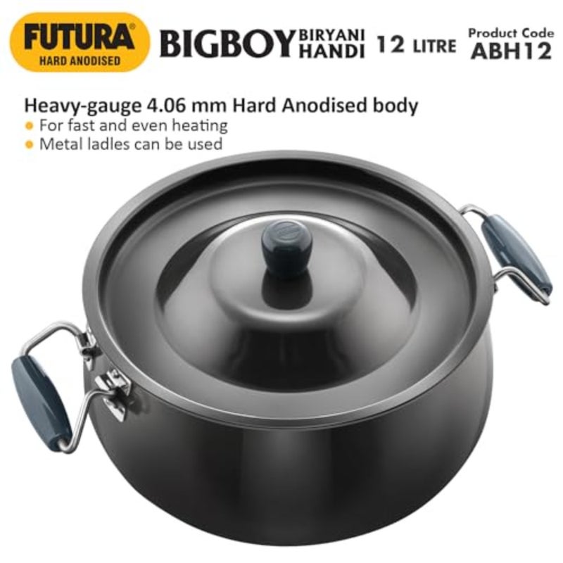 Aluminium Futura 12 Litre Biryani Handi for cooking and serving, polished hard anodised material, black colour, durable non-reactive surface - Image 5