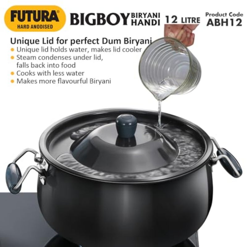 Aluminium Futura 12 Litre Biryani Handi for cooking and serving, polished hard anodised material, black colour, durable non-reactive surface - Image 2