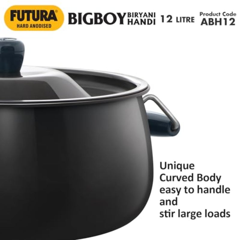 Aluminium Futura 12 Litre Biryani Handi for cooking and serving, polished hard anodised material, black colour, durable non-reactive surface - Image 4