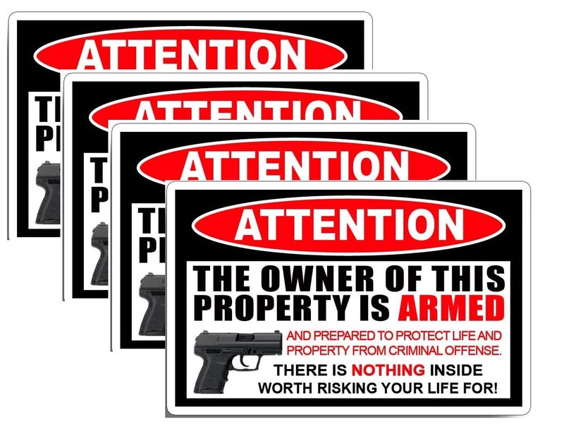 4 pcs Security Warning Sticker Decal Gun Handgun Pistol, 4 inches - Owner of This Property is Armed, Window Sticker, Door