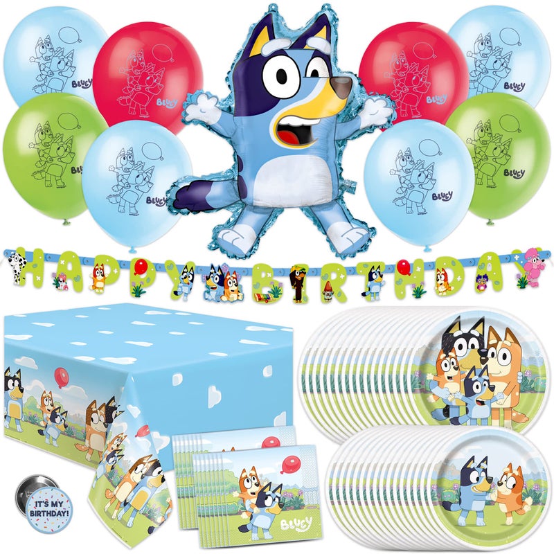 Unique Bluey Birthday Party Supplies | Bluey Party Supplies | Bluey Birthday Decorations | Bluey Party Decorations | With Bluey Balloons, Banner, Tablecover, Bluey Plates, Bluey Napkins, Button - Image 1