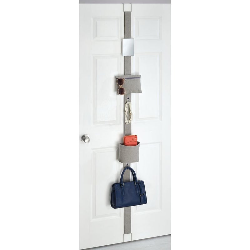 InterDesign Wren Over The Door Fabric Hanging Closet Shelf Organizer for Purses Handbags Makeup Fashion Jewelry Hooks Included 2 Pockets Light Gray - Image 2