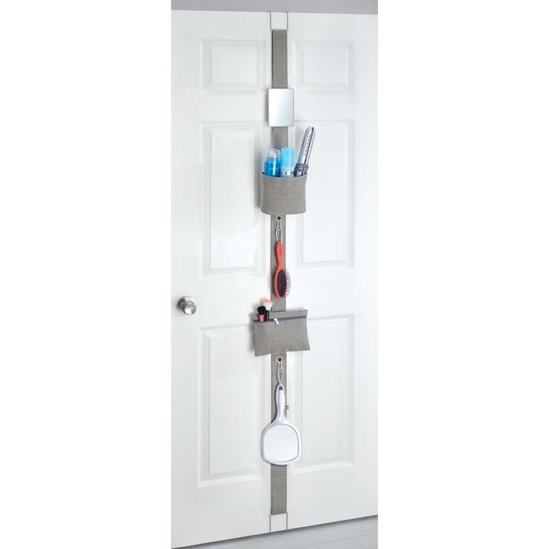 InterDesign Wren Over The Door Fabric Hanging Closet Shelf Organizer for Purses Handbags Makeup Fashion Jewelry Hooks Included 2 Pockets Light Gray - Image 5