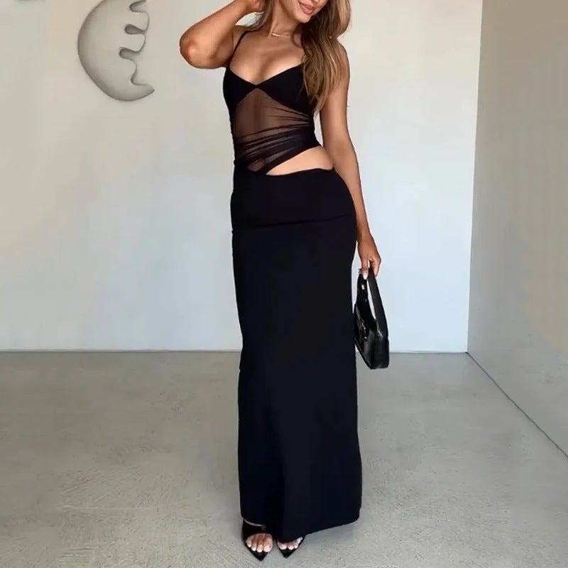 Export Women'S Suspender Low-Cut Sleeveless Mesh Black Dress - Image 3