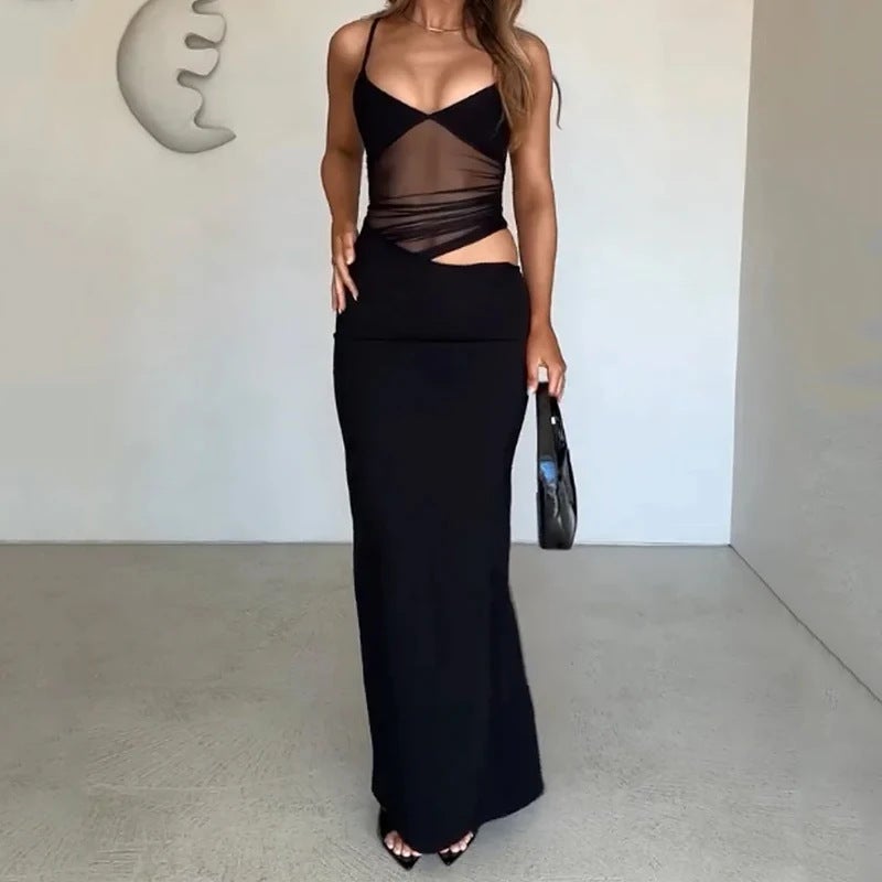 Export Women'S Suspender Low-Cut Sleeveless Mesh Black Dress - Image 4