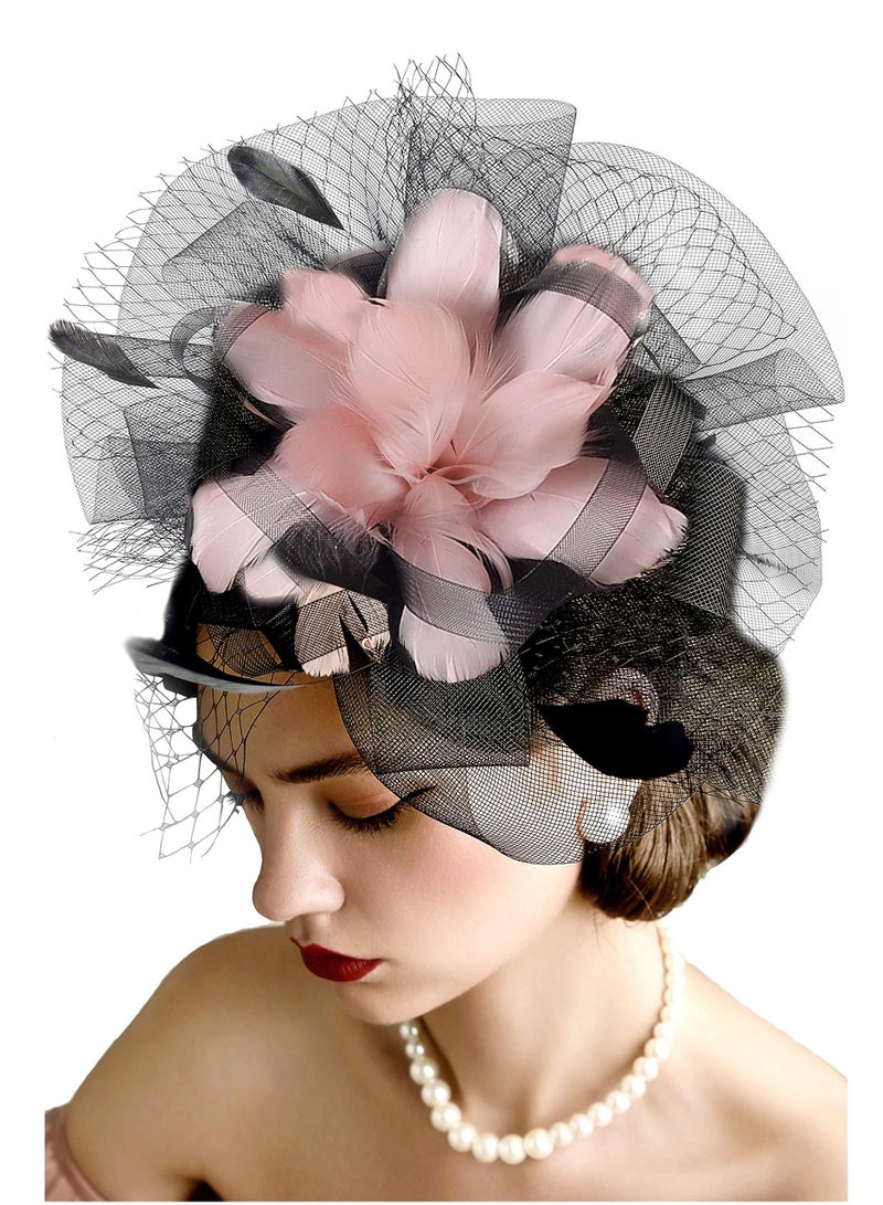 Excefore Fascinator Hat Veil Feather Fascinators Hair Clip Tea Party Pillbox Derby Bridal Wedding - Image 1