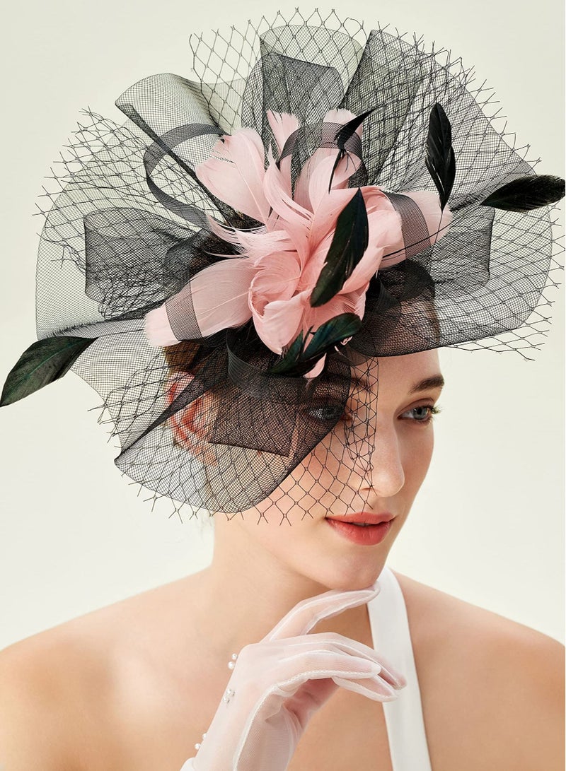 Excefore Fascinator Hat Veil Feather Fascinators Hair Clip Tea Party Pillbox Derby Bridal Wedding - Image 4