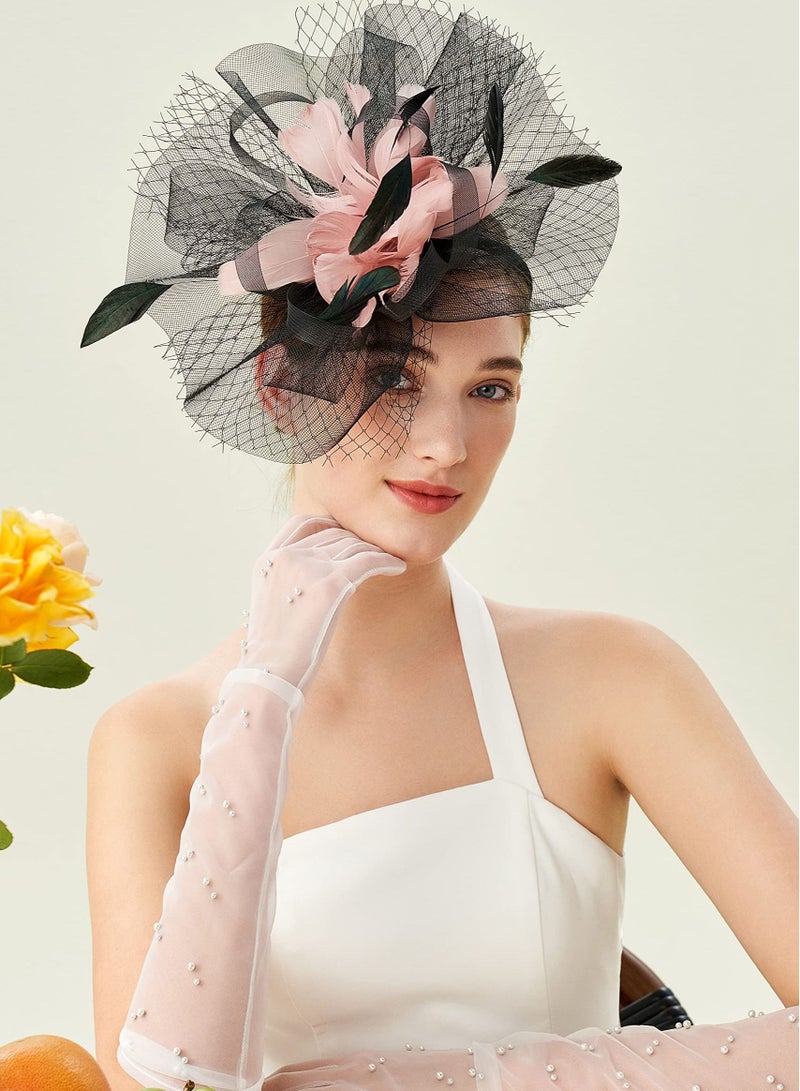 Excefore Fascinator Hat Veil Feather Fascinators Hair Clip Tea Party Pillbox Derby Bridal Wedding - Image 5