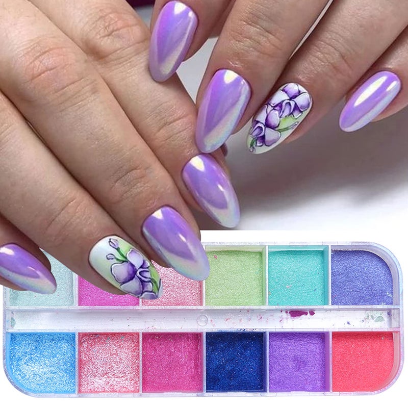 Onsdag 12 Colors Pearl Light Rouge Powder, Aurora Color Pigment Nail Art Dust Designs, Women Girls Manicure Tips Charms Decorations, Acrylic Nails Powder for Nail Art Gel Polish Dipping Liquid - Image 1