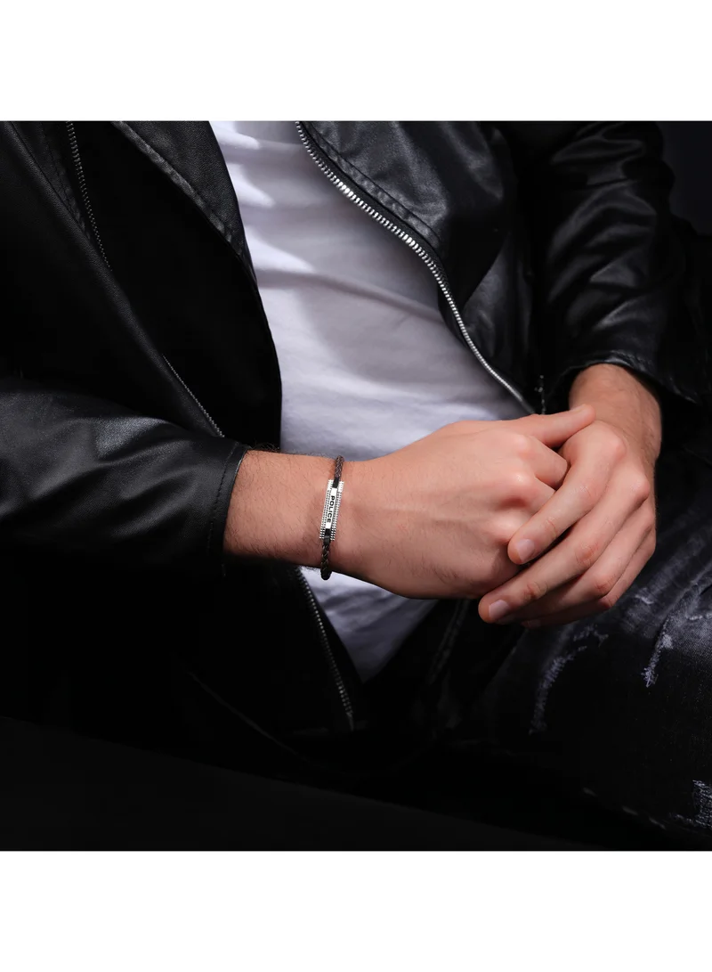 POLICE Gripcord Brown Leather Stainless Steel Gents Bracelet