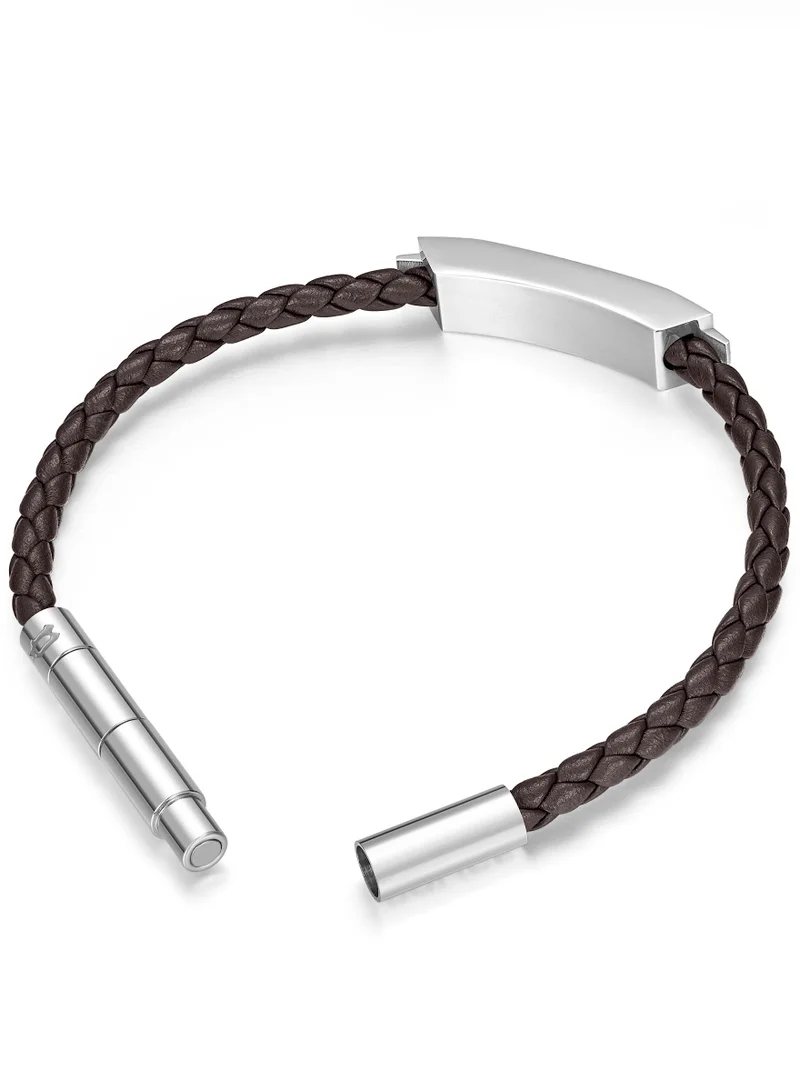 POLICE Gripcord Brown Leather Stainless Steel Gents Bracelet
