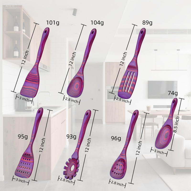 Cokka Praca 7 PCS Pakkawood Kitchen Utensils | Kitchen Cooking Utensil Set | Pakkawood Utensils | Non-Stick Wooden Spoons | Wooden Spoons for Cooking | Byzantium - Image 3