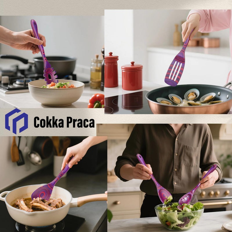 Cokka Praca 7 PCS Pakkawood Kitchen Utensils | Kitchen Cooking Utensil Set | Pakkawood Utensils | Non-Stick Wooden Spoons | Wooden Spoons for Cooking | Byzantium - Image 2