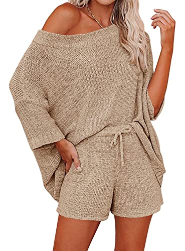 Ermonn Womens 2 Piece Outfits Sweater Sets Off Shoulder Knit Tops Waist Short Suits Casual Pajama Set Romper Jumpsuits Khaki