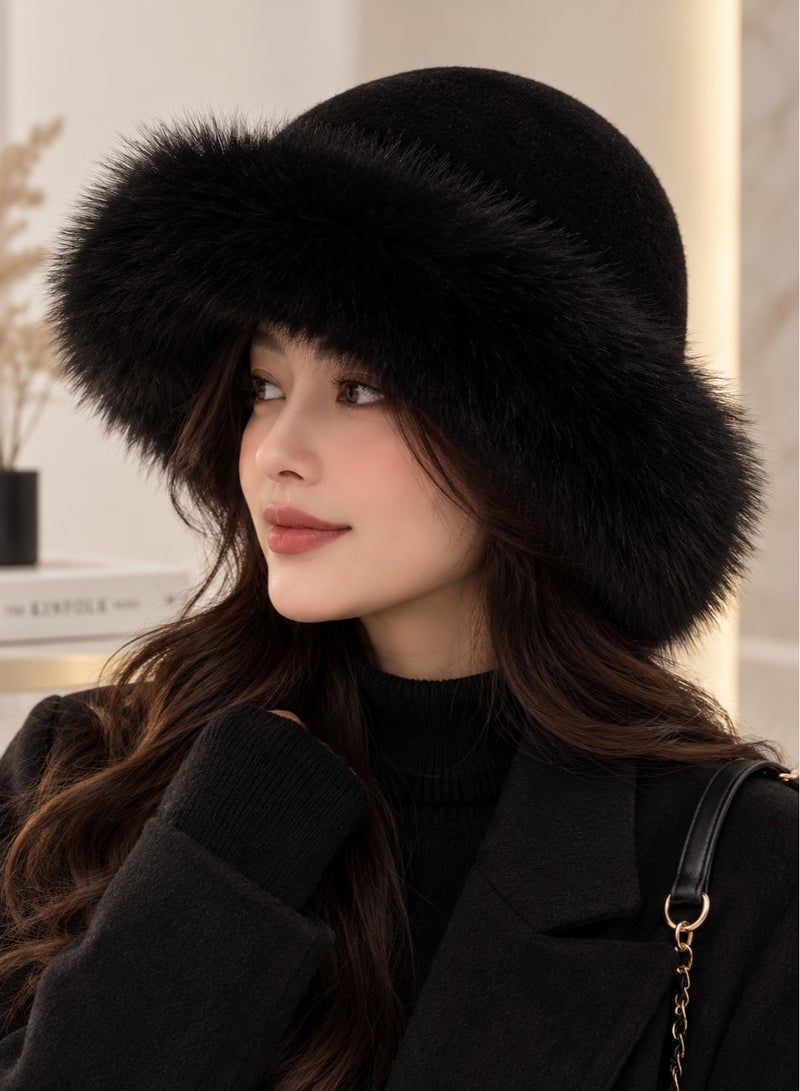 Black Winter Hat Faux Fur Hat for Women, Soft Warm Fluffy Winter Cap for Cold Weather and Elegant Winter Outfits - Image 5