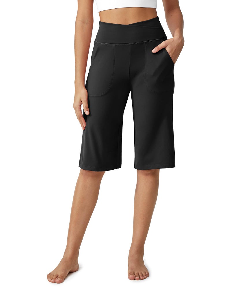 G4Free Capri Pants for Women Wide Leg Yoga Dress Capris 14" Knee Length Stretch Pants High Waisted Bermuda Long Shorts for Casual Summer(Black,XL,14") - Image 1
