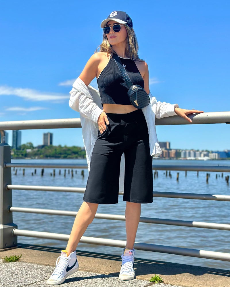 G4Free Capri Pants for Women Wide Leg Yoga Dress Capris 14" Knee Length Stretch Pants High Waisted Bermuda Long Shorts for Casual Summer(Black,XL,14") - Image 2