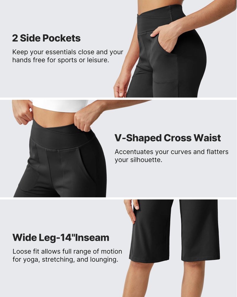 G4Free Capri Pants for Women Wide Leg Yoga Dress Capris 14" Knee Length Stretch Pants High Waisted Bermuda Long Shorts for Casual Summer(Black,XL,14") - Image 3