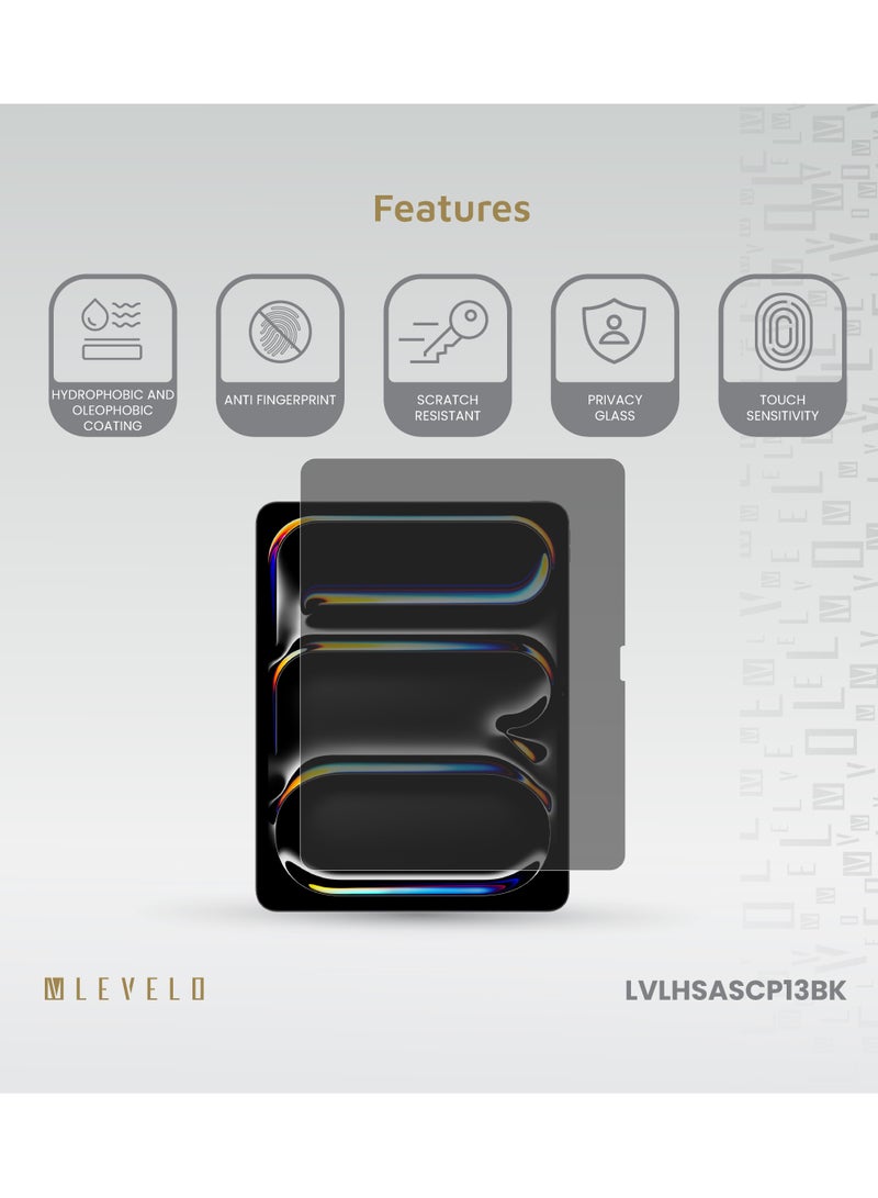 LEVELO High Silicone Aluminum Glass Privacy Screen Protector For iPad Pro 13" 2024 / Anti Fingerprint /Touch Sensitivity / Scratch Resistance / Hydrophobic & Oleophobic Coating- Black - Image 2