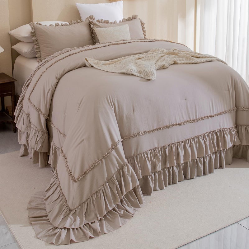 Masaca Ruffled Oversized King Comforter 128x120Vintage Farmhouse Shabby Boho Chic Bedding Set 3 Pieces Taupe Lightweight French Country Bedding 1 Ruffle Comforter 2 Pillowcases