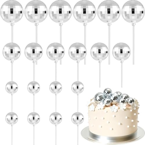ASTARON 20 Pcs Disco Ball Cake Topper Decorations Sticks Silver Cake Balls Picks Toppers for Birthday Anniversary Disco Retired Theme Party Decorations - Image 1