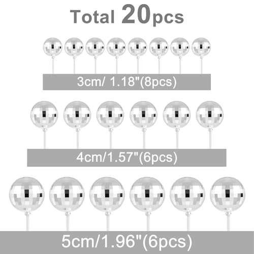 ASTARON 20 Pcs Disco Ball Cake Topper Decorations Sticks Silver Cake Balls Picks Toppers for Birthday Anniversary Disco Retired Theme Party Decorations - Image 5