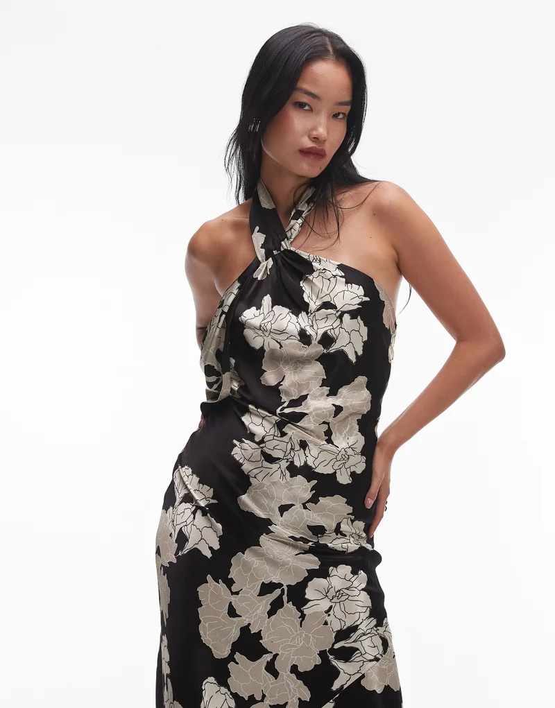 TOPSHOP Tie Neck Halter In Print Mono Floral Dress