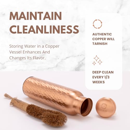 AVA DESIGNZ CLEO HOME 100% Pure Copper Water Bottle for Drinking, 32 Oz Large Hammered Ayurvedic Copper Bottle with Canvas Bag & Cleaning Brush, Leak-Proof Water Vessel - Image 4