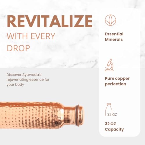AVA DESIGNZ CLEO HOME 100% Pure Copper Water Bottle for Drinking, 32 Oz Large Hammered Ayurvedic Copper Bottle with Canvas Bag & Cleaning Brush, Leak-Proof Water Vessel - Image 3
