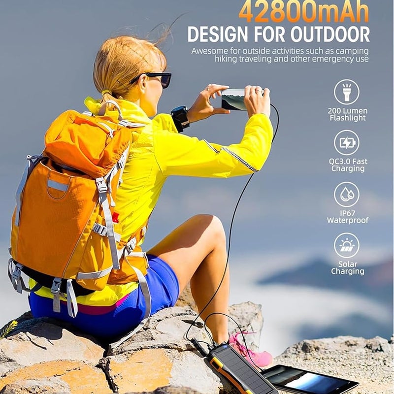 Orange Solar Power Bank 42800mAh Portable Charger Fast Charging for Camping Laptop Camera - Image 3