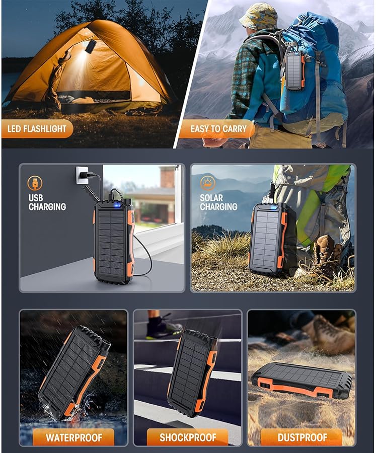 Orange Solar Power Bank 42800mAh Portable Charger Fast Charging for Camping Laptop Camera - Image 5