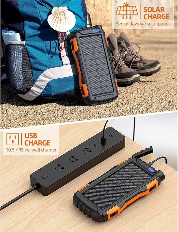 Orange Solar Power Bank 42800mAh Portable Charger Fast Charging for Camping Laptop Camera - Image 4