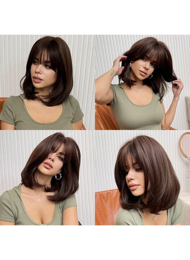 Haircube باروكة بوب قصيرة بني داكنة مع غرة بطول الكتف باروكات صناعية للنساء - Image 5