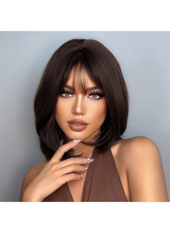 Haircube باروكة بوب قصيرة بني داكنة مع غرة بطول الكتف باروكات صناعية للنساء - Image 2
