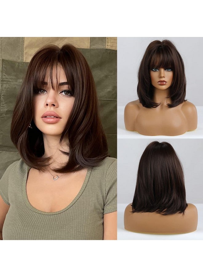 Haircube باروكة بوب قصيرة بني داكنة مع غرة بطول الكتف باروكات صناعية للنساء - Image 4