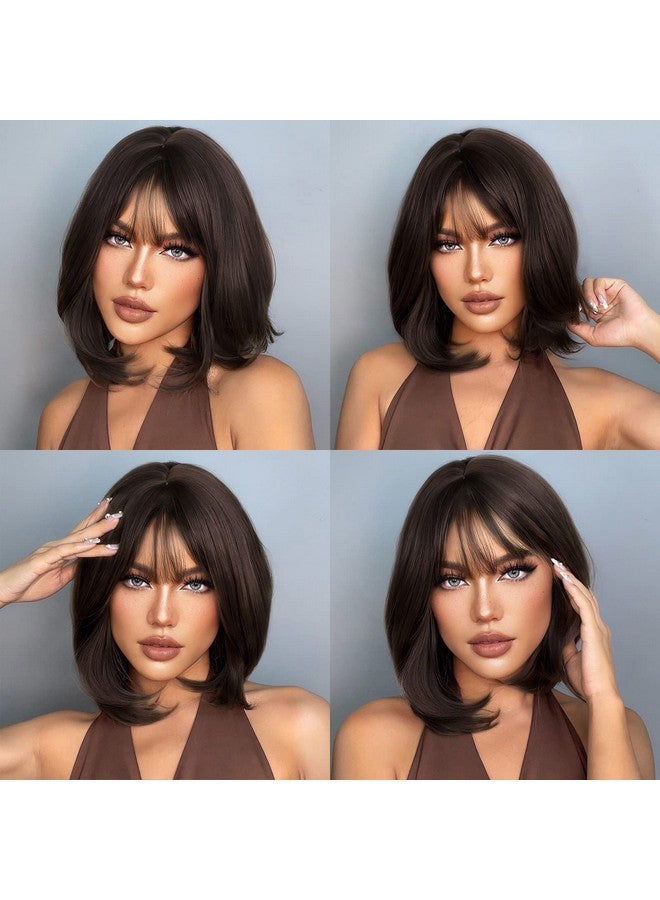 Haircube باروكة بوب قصيرة بني داكنة مع غرة بطول الكتف باروكات صناعية للنساء - Image 3