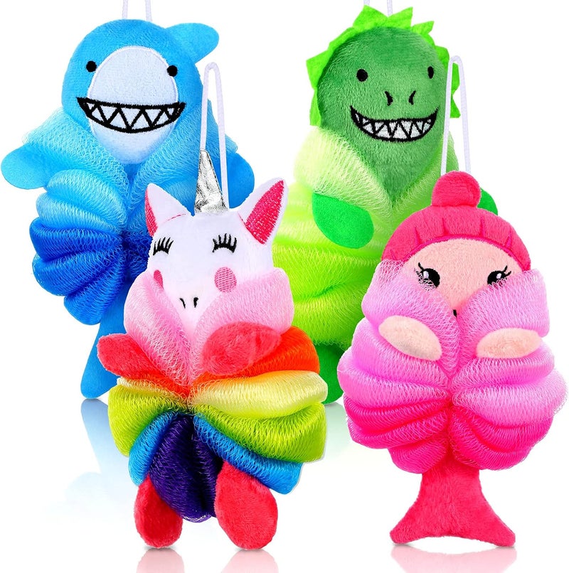 Tatuo 4 Pcs Animal Bath Loofahs Kids Body Loofah Cartoon Shower Cute Bath Sponge Pouf Body Scrubbers Mesh Sponge for Children Shower Baby Washing Exfoliating 4 Style Vivid Style - Image 1