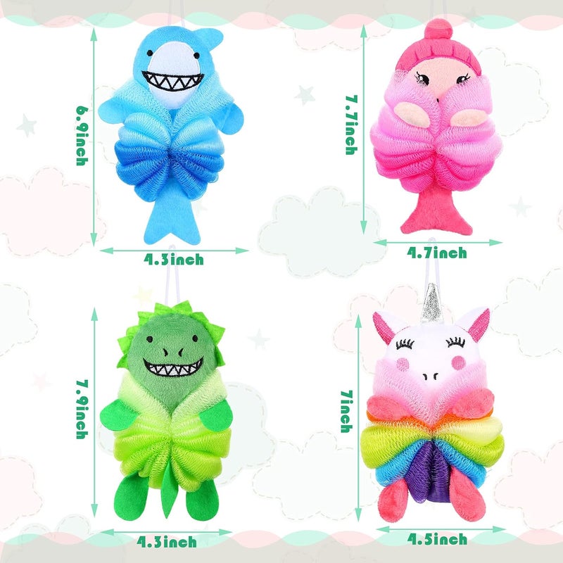 Tatuo 4 Pcs Animal Bath Loofahs Kids Body Loofah Cartoon Shower Cute Bath Sponge Pouf Body Scrubbers Mesh Sponge for Children Shower Baby Washing Exfoliating 4 Style Vivid Style - Image 2