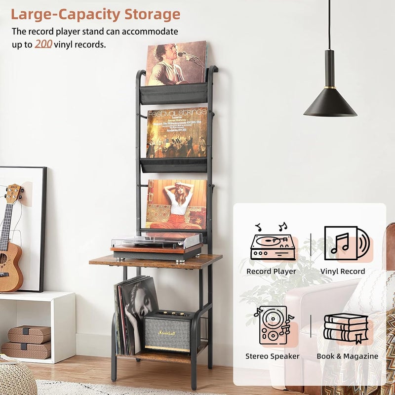 Keebofly Record Player Stand with Vinyl Storage, Record Player Table with Vinyl Record Storage up to 200 Albums, Turntable Stand with Record Holder Vinyl Display Shelf, Record Player Cabinet Organizer Rack - Image 2