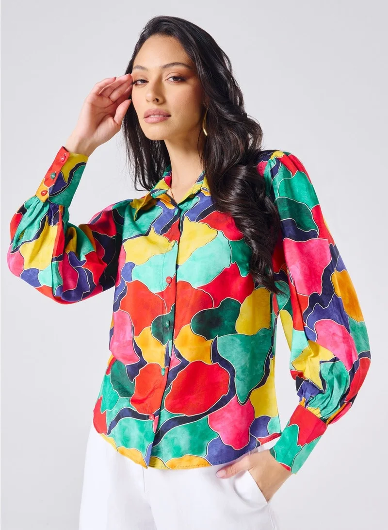 Zigzag Multi Coloured Shirt With Puffed Sleeve