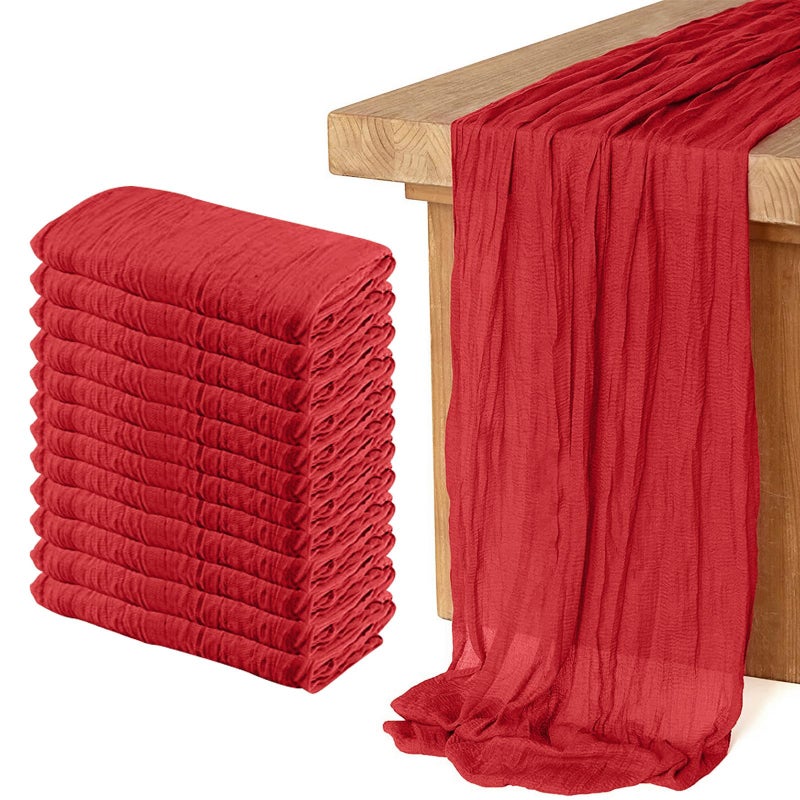 KEEPSHOWING 12 Pack Cheesecloth Table Runner 10Ft Christmas Gauze Boho Table Runners for Wedding Decor Bridal Shower Decorations Baby Shower Party(35" x 120")(Red) - Image 1
