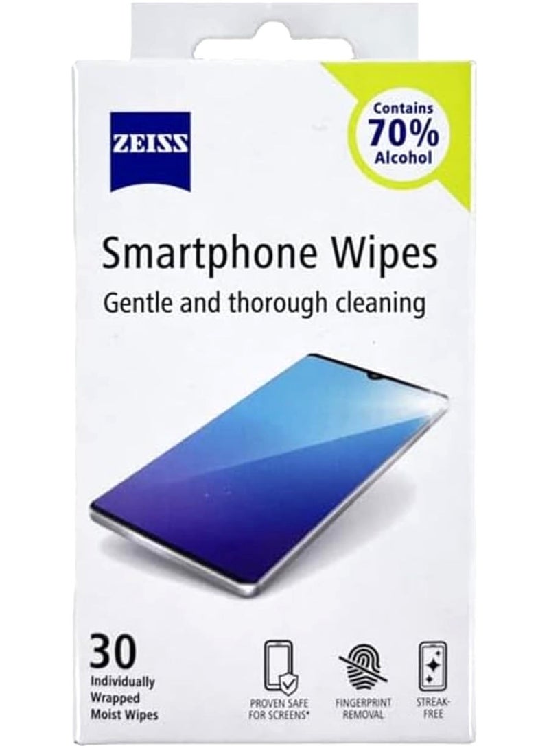 ZEISS Smartphone Cleaning 30 Moist Wipes - Quick Drying Formula - Removes Bacteria, Fingerprints, Dirt, Dust & Grease - Each Cloth Individually Packed - Image 1