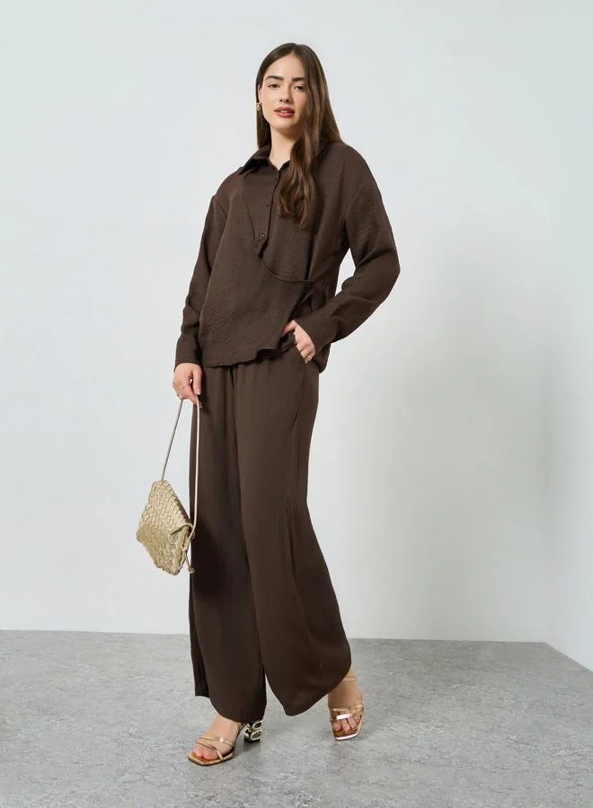 Styli Brown Long Sleeve Wrap Front Shirt