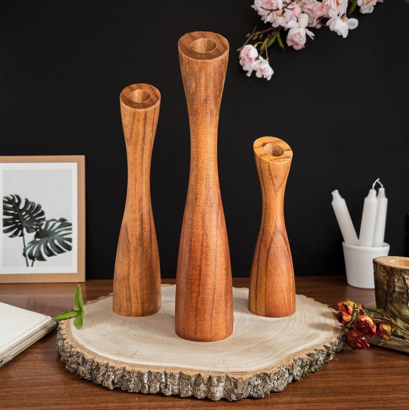 OLEEK Wood Farmhouse Candle Holders Set (12",10",8")- Wooden Candle Holder Pillar for Coffee Table Decor (fits 7/8" Candles)- Fall Vintage Boho Candle Stick Candle Holder for Dining Table Centerpiece - Image 5