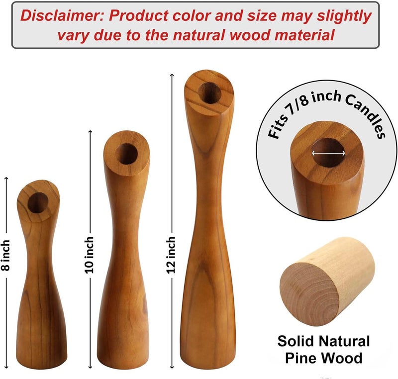 OLEEK Wood Farmhouse Candle Holders Set (12",10",8")- Wooden Candle Holder Pillar for Coffee Table Decor (fits 7/8" Candles)- Fall Vintage Boho Candle Stick Candle Holder for Dining Table Centerpiece - Image 4