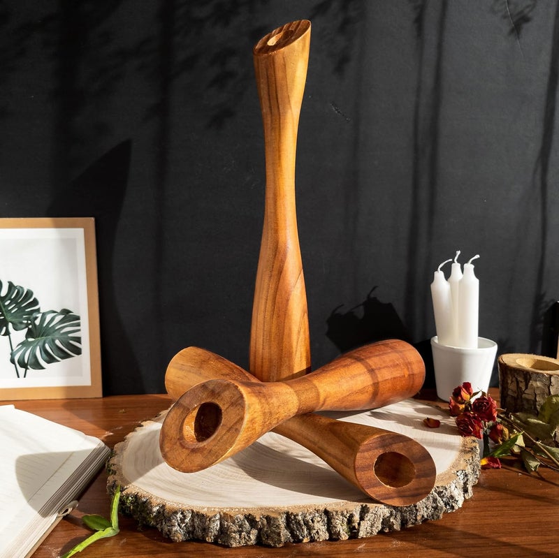 OLEEK Wood Farmhouse Candle Holders Set (12",10",8")- Wooden Candle Holder Pillar for Coffee Table Decor (fits 7/8" Candles)- Fall Vintage Boho Candle Stick Candle Holder for Dining Table Centerpiece - Image 2