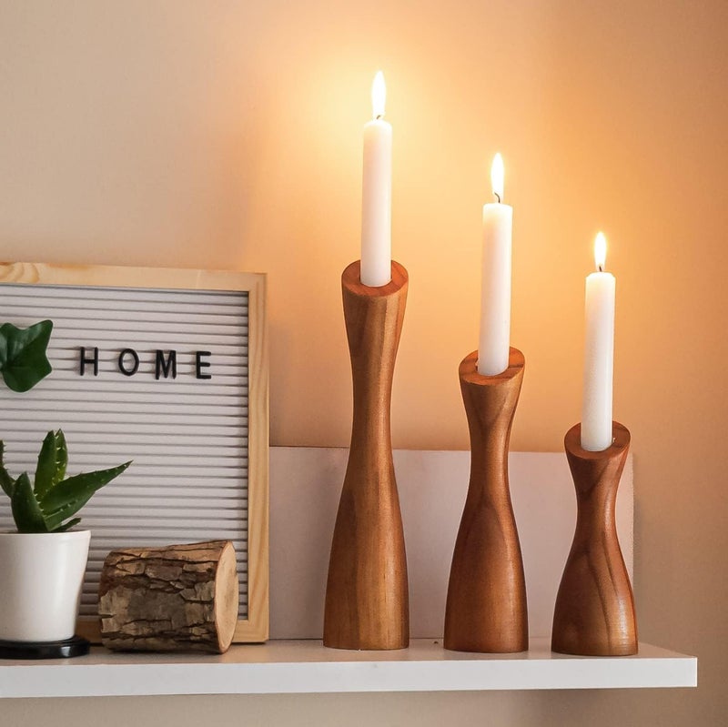 OLEEK Wood Farmhouse Candle Holders Set (12",10",8")- Wooden Candle Holder Pillar for Coffee Table Decor (fits 7/8" Candles)- Fall Vintage Boho Candle Stick Candle Holder for Dining Table Centerpiece - Image 3