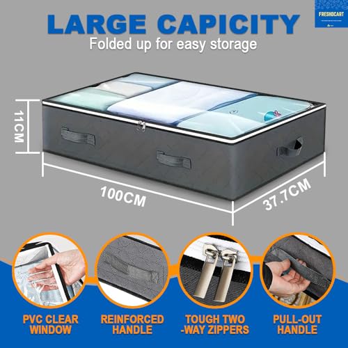 FreshDcart Non-Woven Under Bed Storage Box Large Capacity Clothes Organizer with Reinforced Handles, Foldable Ideal for Bedding, Blankets, Clothes, Toys (Large ), 100X37.7X11 Cm, Black - Image 3